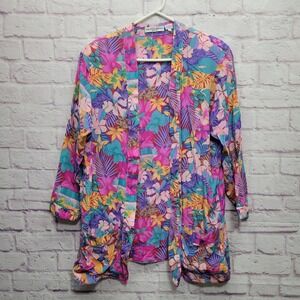 VTG Galinda Wang 100% Silk Floral Blazer‎ Jacket Womens 4 Retro Boho Resortwear